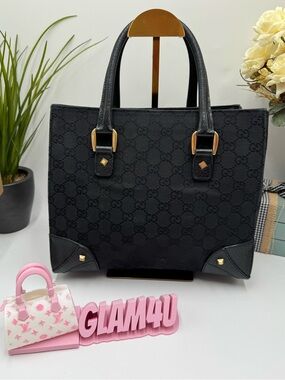 GUCCI Vintage Black GG Canvas Nailhead Studded Tote Bag Handbag Authentic